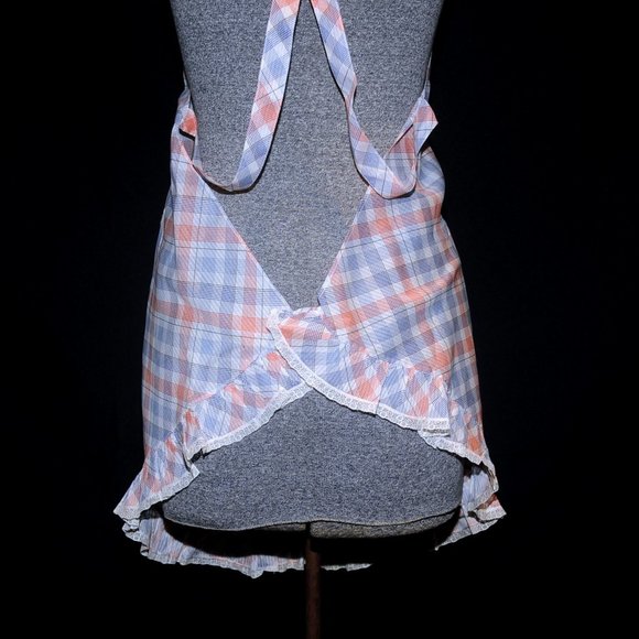 Vintage 70's Orange & Blue Plaid Check Full Bib Apron w/ Lace Criss Cross Back - Picture 9 of 11